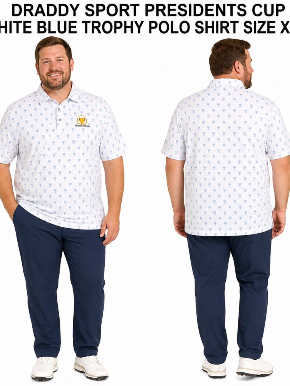 DRADDY SPORT PRESIDENTS CUP WHITE BLUE TROPHY PRINT POLO SHIRT SIZE XXL